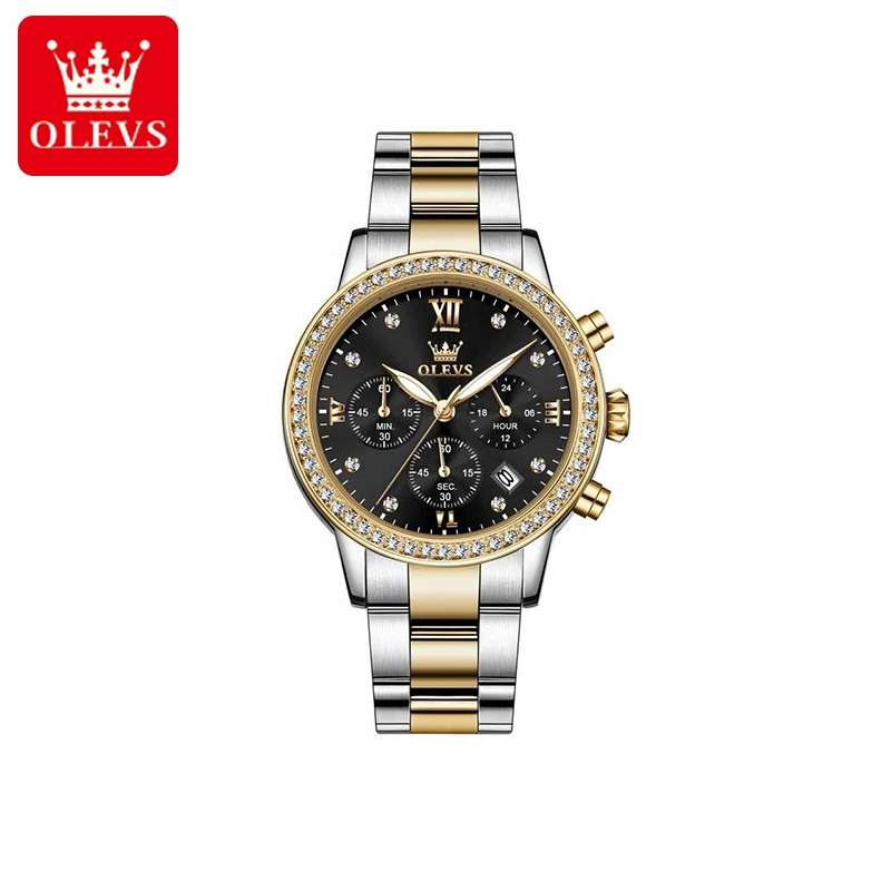 Olevs Luxury Stainless Steel Chronograph Wrist Watch For Women (Black)
